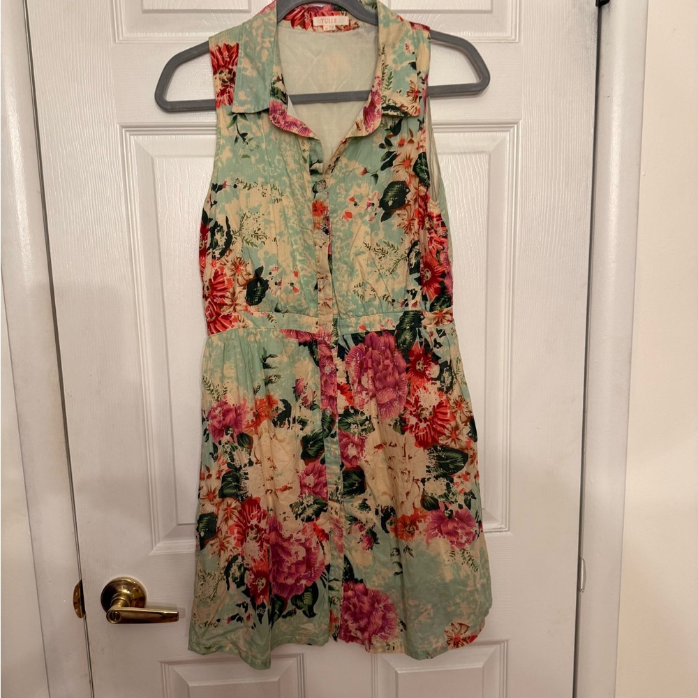 Tulle Green Buttoned Polo Collar Sundress